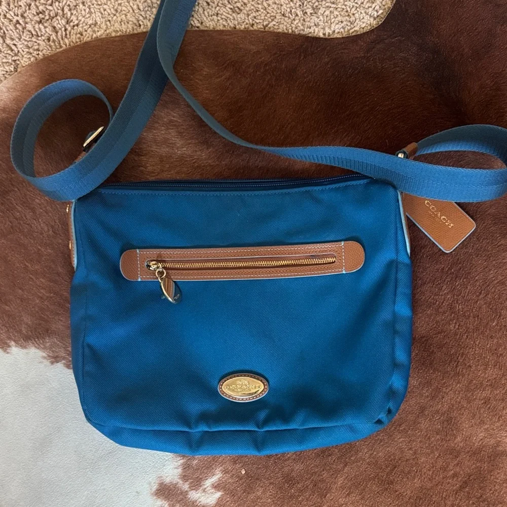 Coach Teal Nylon Crossbody with Tan Leather Trim - Picture 4 of 13